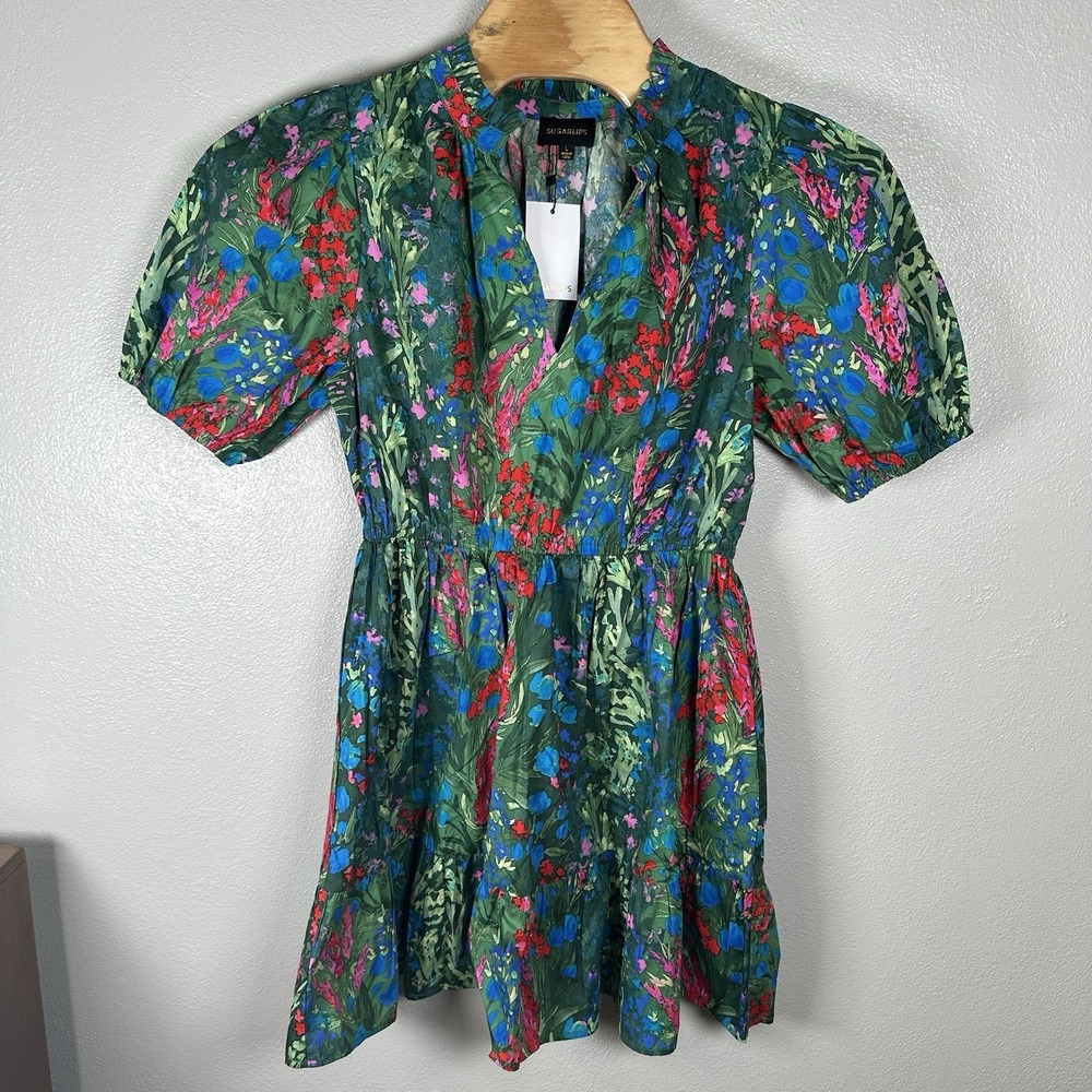 NEW Sugarlips Green Red Floral A-Line Dress Size Large Puff Sleeve V-Neck Cotton